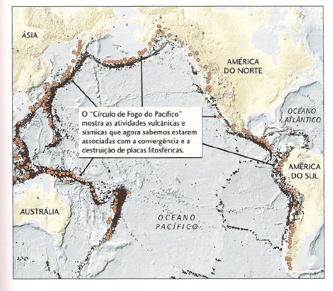 O Círculo de Fogo do Pacífico, mostrando os vulcões ativos