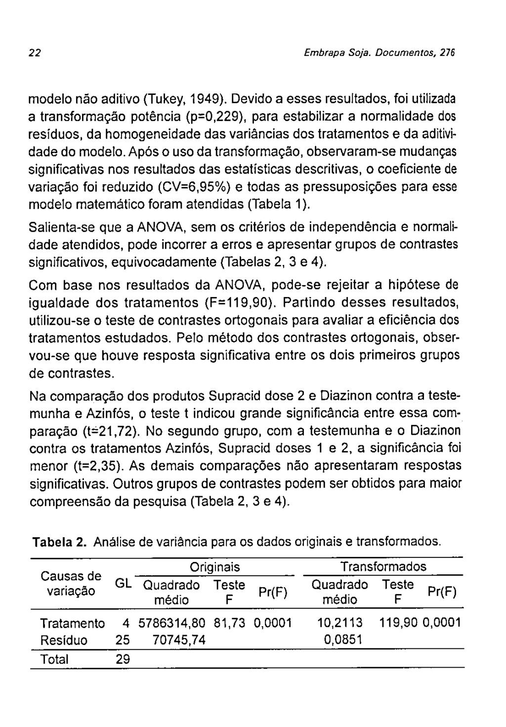 22 Embrapa Soja. Documentos, 276 modelo não aditivo (Tukey, 1949).