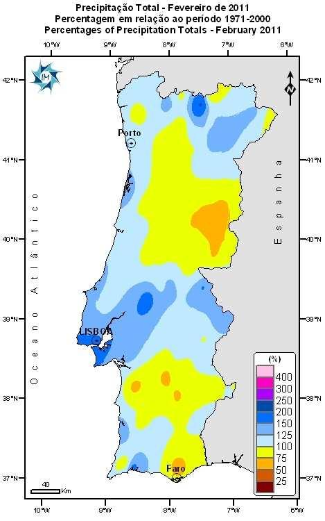 2. Precipitação Total A média regional da quantidade de precipitação em Portugal Continental foi próxima do valor normal (1971-2000) para o mês, classificando-se (em relação aos decis) como um mês