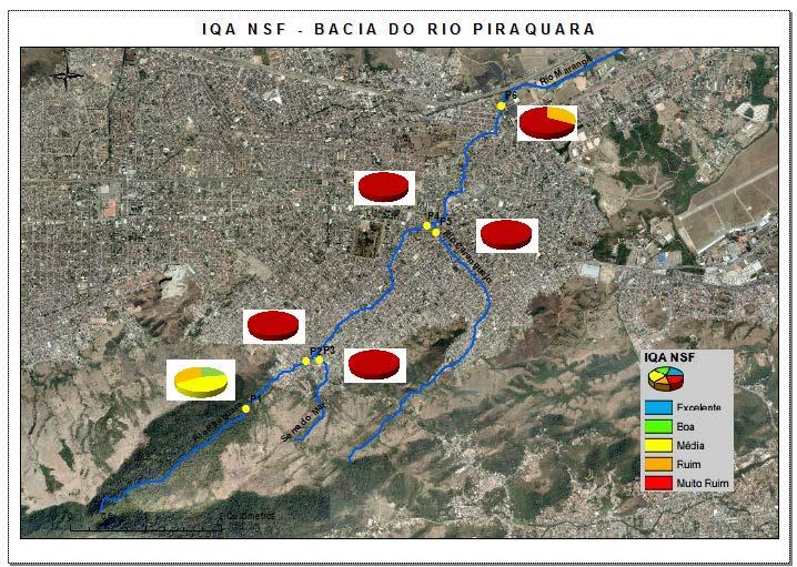 Figura 15: Aplicação do IQANSF na bacia do rio Piraquara (Autoria própria) É possível verificar que no trecho final modelado (P6) as condições do rio Piraquara melhoram quando comparadas aos trechos