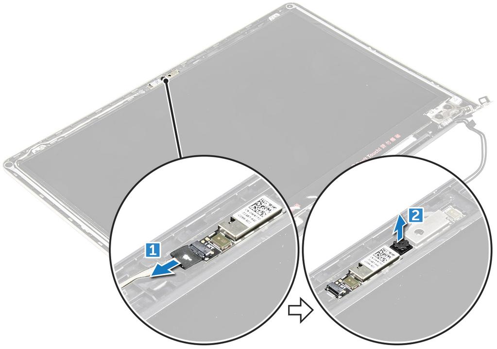 g tampa frontal da tela 3 Para remover a câmera: a Desconecte o cabo do conector da câmera [1]. b Levante para remover a câmera do computador [2].