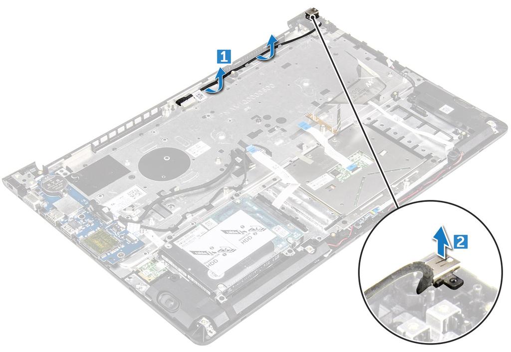 d e f g h i j Placa de LED ventilador do sistema conjunto da tela SSD memória dissipador de calor placa do sistema 3 Para remover o conector de alimentação: a Remova o cabo do conector de alimentação