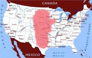 Alameda dos Tornados (Tornado Alley) Região em vermelho no mapa dos EUA.