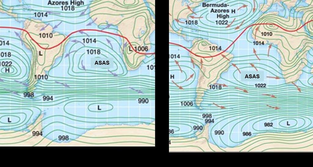 O posicionamento da ZCIT (zona ao longo da qual os sistemas de ventos alísios dos dois hemisférios convergem) é influenciado pela distribuição dos oceanos e continentes e a variação da luminosidade