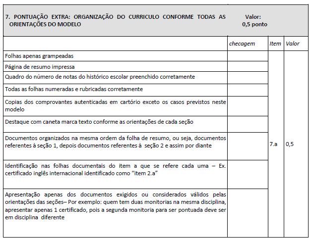 7. PONTUAÇÃO EXTRA Pontuação extra pela organização e preenchimento do currículo em concordância com os critérios estabelecidos e obedecendo às orientações do modelo padronizado Para esta seção não é