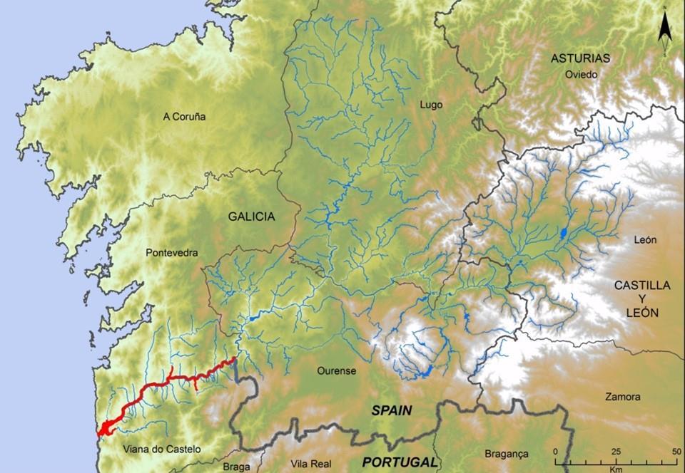 1. Bacia hidrográfica internacional A área internacional da bacia hidrográfica do rio Miño contém, além das vertentes que desaguam directamente no canal principal (172.