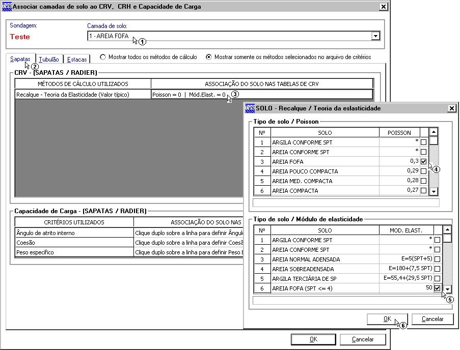 (1) selecione a camada 1 AREIA FOFA ; (2) clique sobre a guia Sapatas ; (3) dê um duplo-clique sobre Recalque Teoria da Elasticidade (Valor