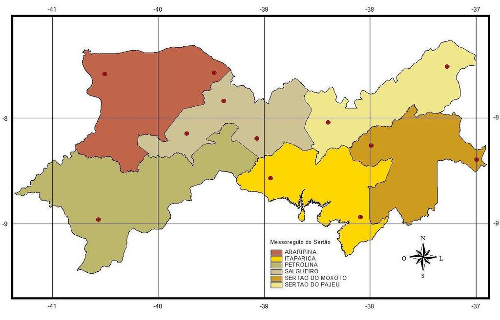 Figura 2. Distribuição dos postos pluviométricos estudados no Sertão do estado de Pernambuco 3.