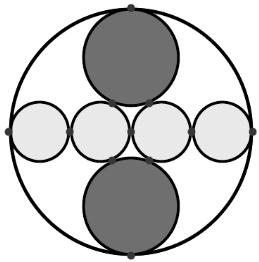 d) 5. e) 45. QUESTÃO 05 d) 8,5. e) 8. Para decorar um prato circular, um artista pintou, em seu interior, quatro círculos cinza claros, de raios medindo 5 cm, e dois círculos cinza escuros.