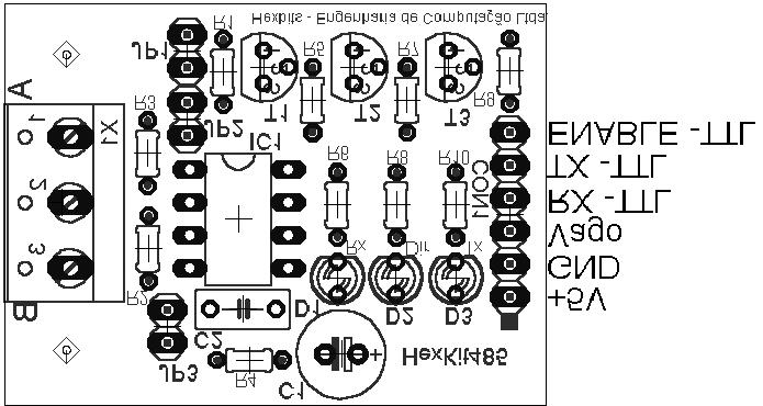 CONFIGURAÇÃO DOS CONECTORES DO HEXKIT 485 CON 1 CONEXÃO COM PADRÃO ELÉTRICO TTL O CON 1 apresenta os pinos de alimentação (+5V e GND), os sinais RX, TX e RTS (Direção ou Enable) em nível TTL.