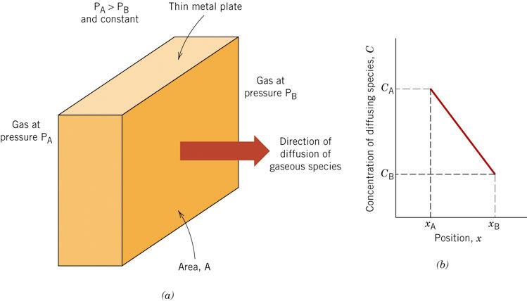 Difusão em Estado Estacionário Difusão de gás através de uma parede metálica Fluxo de difusão J Perfil de concentração