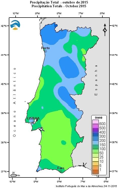 Situação de Seca Meteorológica 31 outubro 2015 1. PRECIPITAÇÃO DE OUTUBRO 2015 O valor médio da quantidade de precipitação em outubro foi de 147.1 mm, valor superior ao valor normal (98.