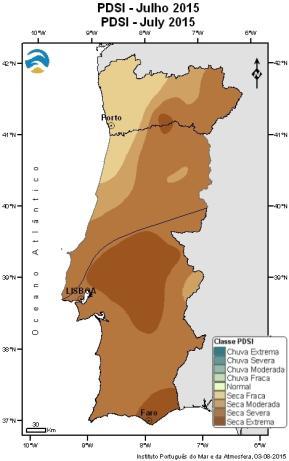 Figura 3 Distribuição espacial do índice de seca meteorológica entre 31 março e 31 de outubro de 2015. Tabela 1 Classes do índice PDSI - Percentagem do território afetado em 2015 Classes PDSI 31 mar.