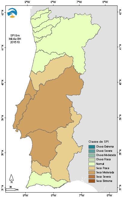 Verifica-se que houve um desagravamento da situação de seca em relação ao final de setembro, no entanto, grande parte das bacias do Centro e Sul do território ainda se mantêm em seca fraca a moderada.