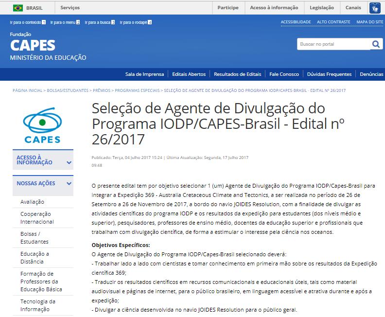 IODP/CAPES Brasil Edital nº 26/2017.