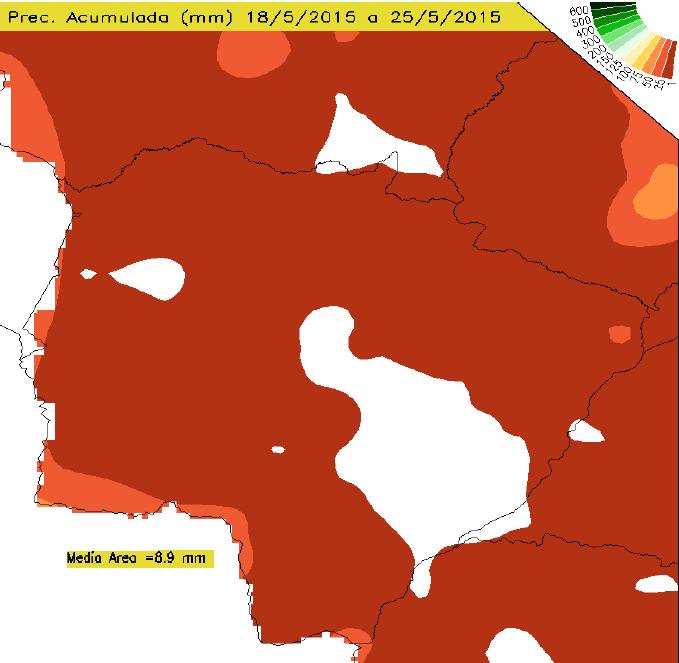 Precipitação Pluviométrica Acumulada para o Mato Grosso do Sul Entre os dias 18 e 25 de maio de 2015, verifica-se, na figura 1, precipitações atingindo grande parte do estado, porém não ultrapassando