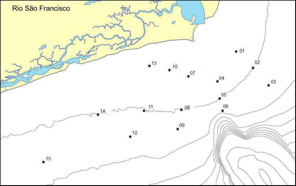 6 Figura 2- Disposição da malha amostral na região da plataforma continental que está sob a influência