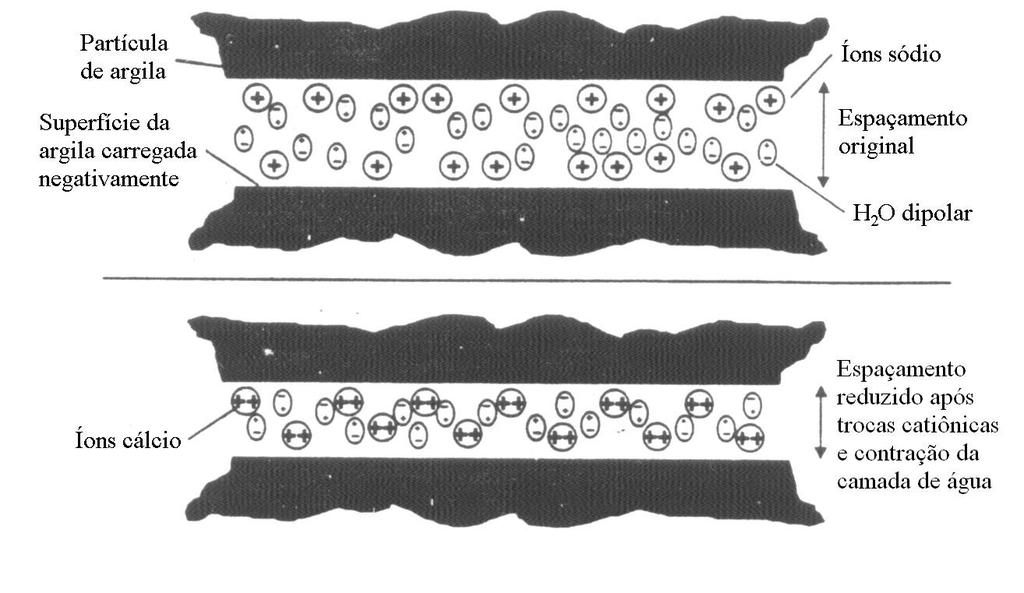 19 Figura 1: mecanismo de troca de cátions (PRUSINSKI; BHATTACHARJA, 1999) Ingles e Metcalf (1972) afirmam que os géis de silicato cobrem e ligam as partículas de argila bloqueando os vazios.