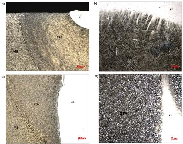 martensita grosseira e martensita revenida na região de grão grosso, podendo coexistir também microestrutura bainítica. A ZTA da raiz não é mostrada, mas apresentou resultados semelhantes ao topo.