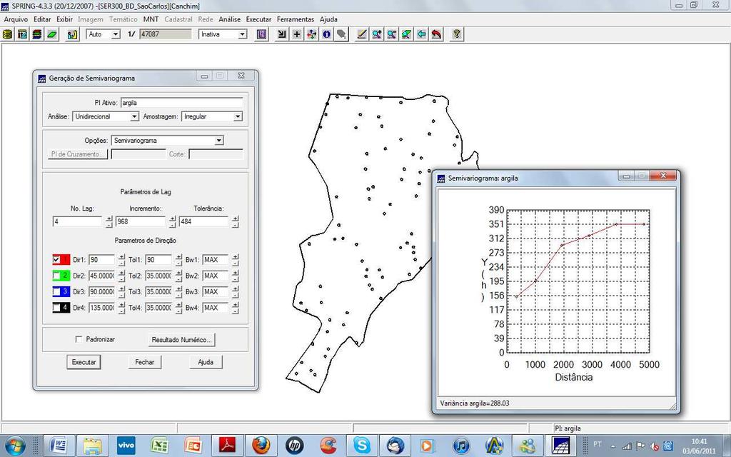 Para uma melhora significativa no semivariograma, foram modificados os parâmetros de LAG, incremento e