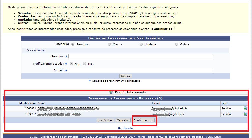 A página será recarregada e passará a exibir o documento na lista de Documentos inseridos no Processo, da seguinte forma: Caso deseje inserir um novo documento, repita a operação.