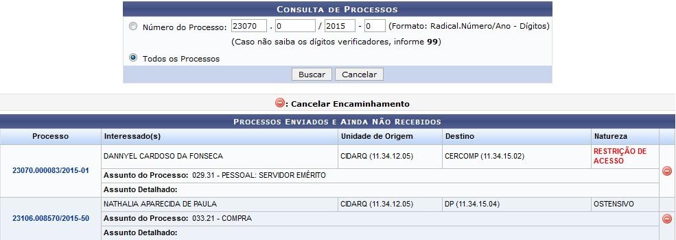 CANCELAR ENCAMINHAMENTO Esta funcionalidade permite cancelar o encaminhamento dos processos enviados pela unidade, que ainda não foram recebidos em suas unidades de destino.