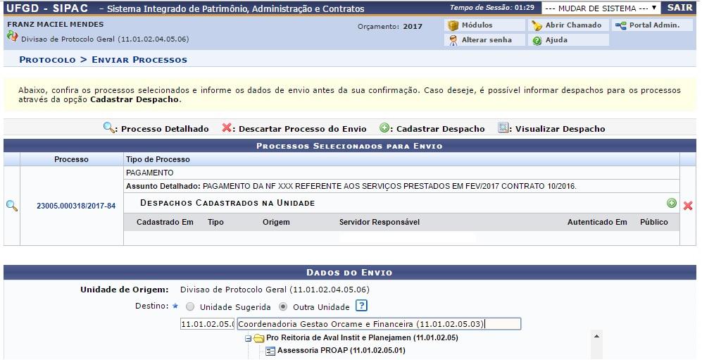 A seguinte tela será exibida pelo sistema: Se desejar cadastrar um despacho eletrônico para o processo que será enviado, clique no ícone Caso usuário