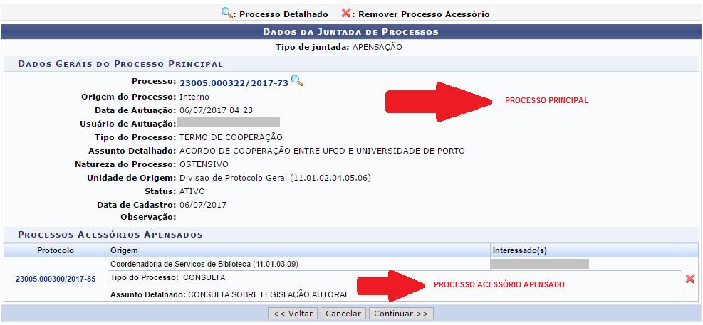 descritos anteriormente. Após selecionar os processos que serão apensados, clique em Apensar Processos para continuar.