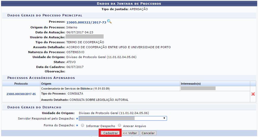 Na seção dos Dados Gerais do Despacho, selecione o Servidor Responsável pelo Despacho e defina a Forma do Despacho entre as opções Informar Despacho ou Anexar