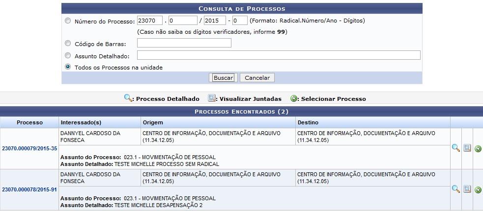 A seguinte tela será exibida, com os campos de Consulta de Processos e a lista de Processos Enviados e Ainda não Recebidos: Clique no ícone será apresentada: para cancelar o encaminhamento do