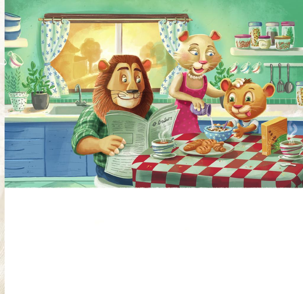 Na cozinha, enquanto o pai, o leão Leopoldo, lê o jornal e bebe o seu café, a mãe, a doce Lina, prepara uma taça de