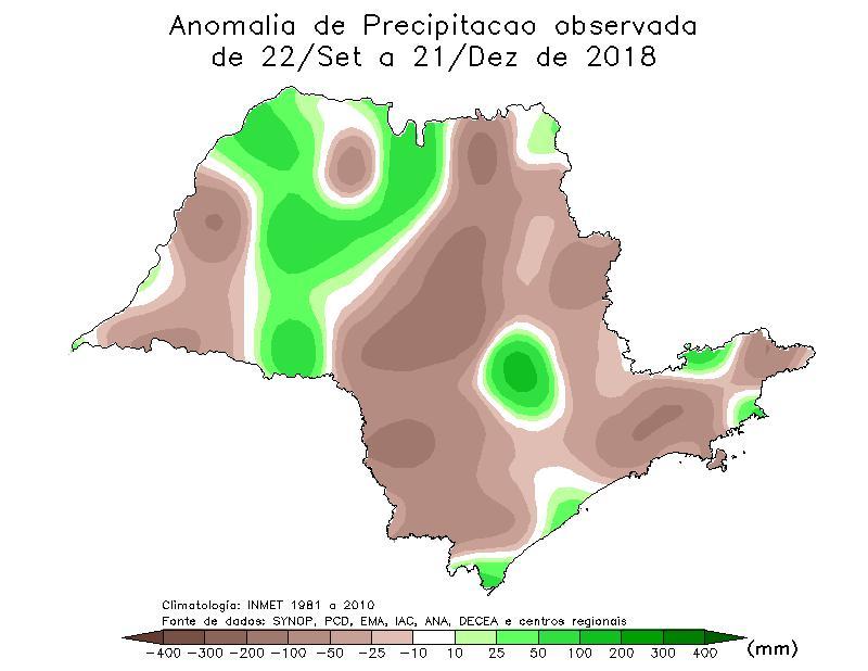 representada pelos tons de marron) com exceção de pontos isolados que tiveram episódios isolados de chuva muito intensa (Litoral Norte) ou precipitações mais frequentes (pontos do noroeste do Estado).