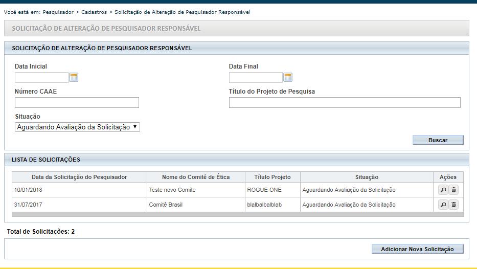 Como cancelar uma solicitação de Alteração de Pesquisador Responsável? O próprio pesquisador responsável deverá acessar o sistema e efetuar o cancelamento.