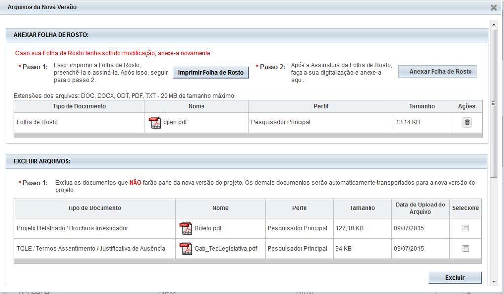 Arquivos da Nova Versão. Campo disponível para Anexar nova Folha de Rosto. Obs.