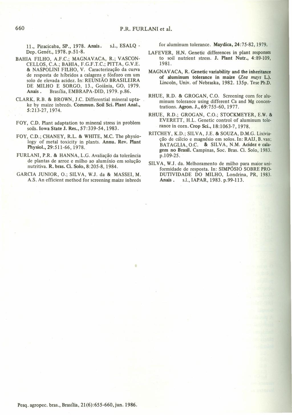 660 P.R. FURLANI et ai. 11., Piracicaba, SP., 1978. Anais. s.l., ESALQ - Dep. Genét., 1978. p.51-8. BAHIA FILHO, A.F.C.; MAGNAVACA, R.; VASCON- CELLOS, C.A.; BAHlA, F.G.F.T.C.; PITTA, G.V.E. & NASPOLINI FILHO, V.