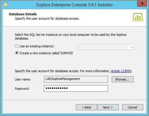3.9. Na tela Database Details, selecione a opção Create a new instance called SOPHOS. 3.10. Clique no botão Browse. 3.11.