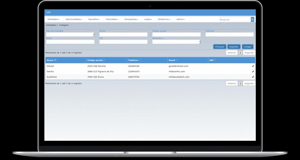 Macro Funcionalidades CRM Gestão da relação com o cliente Permite registar de forma fácil os dados atuais e potencias clientes,