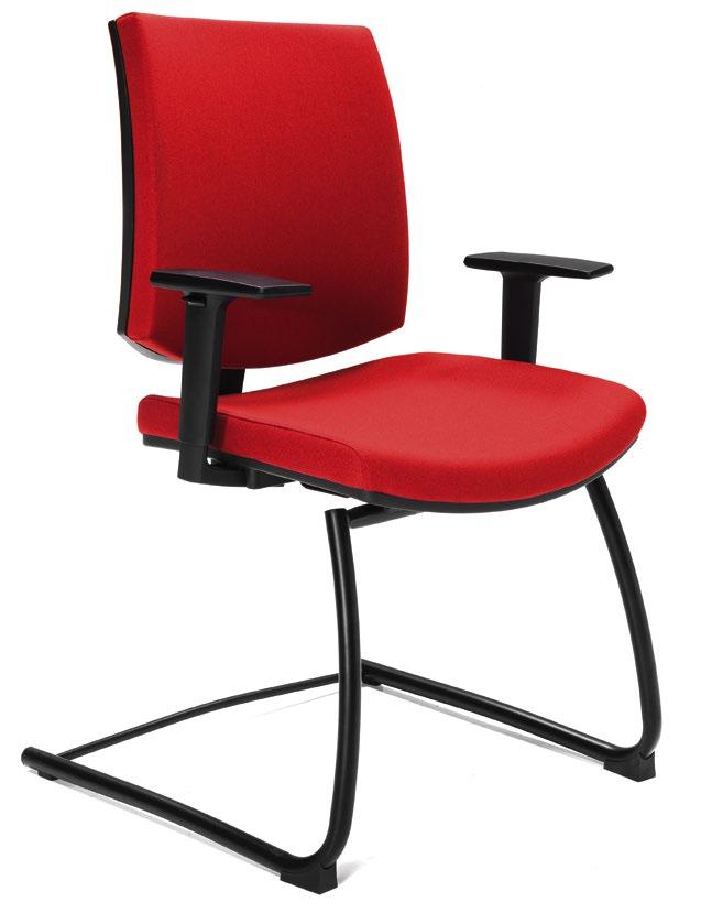 Cadeira fixa balancim; Assento estofado; Encosto espaldar médio em tela; Apoia-braços injetados incorporados ao conjunto assento e encosto; Estrutura em aço tubular