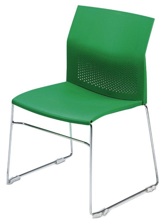 Silla fija patas; Asiento tapizado;. Respaldo en tela con articulación flexible a los movimientos del usuario; Asiento rebatible que permite que se acoplen, liberando espacio para múltiples usos.