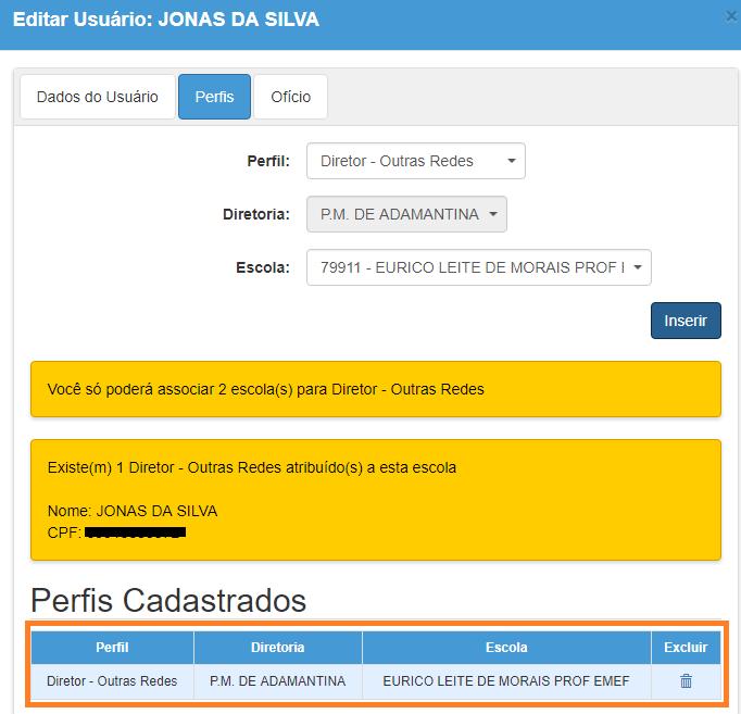 O perfil será adicionado ao usuário e aparecerá na parte de baixo da tela conforme