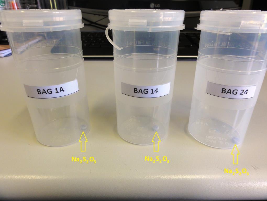 Definido os BAG s para amostragem, o material coletado foi acondicionado em frascos estéreis contendo uma pastilha de Na 2 S 2 O 3 Tiossulfato de Sódio, Figura 06, que atua como agente redutor