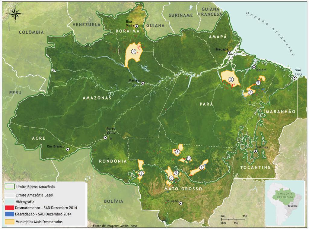 Municípios críticos Em dezembro de 2014, os municípios mais desmatados foram: Feliz Natal (Mato Grosso) e Portel (Pará) (Figura 6 e 7). Figura 6.
