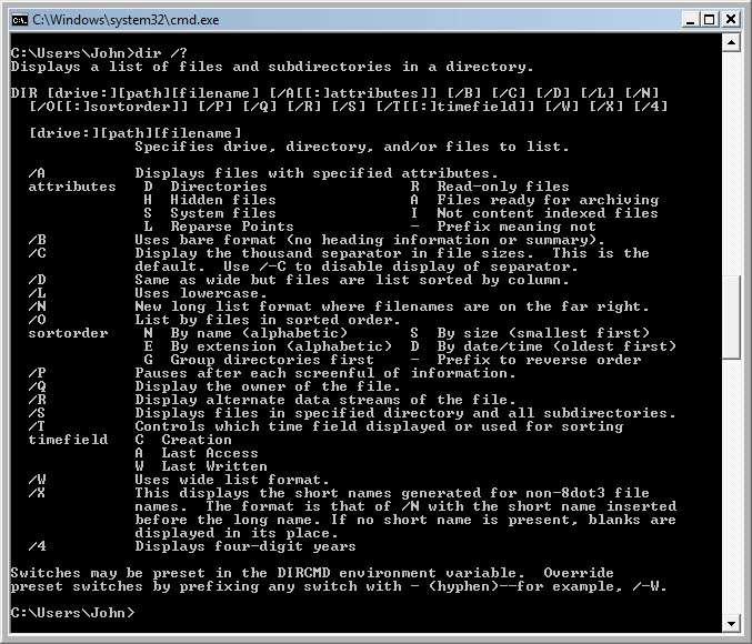 Digite dir /? e pressione Enter.