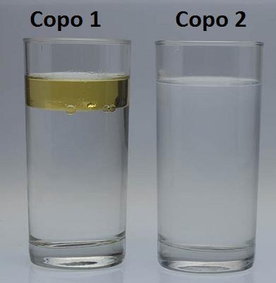 O copo 1 contém água e óleo. Veja que podemos observar a água separada do óleo. Por isso, podemos afirmar que o óleo é insolúvel na água. Já o copo 2, contém água e sal.