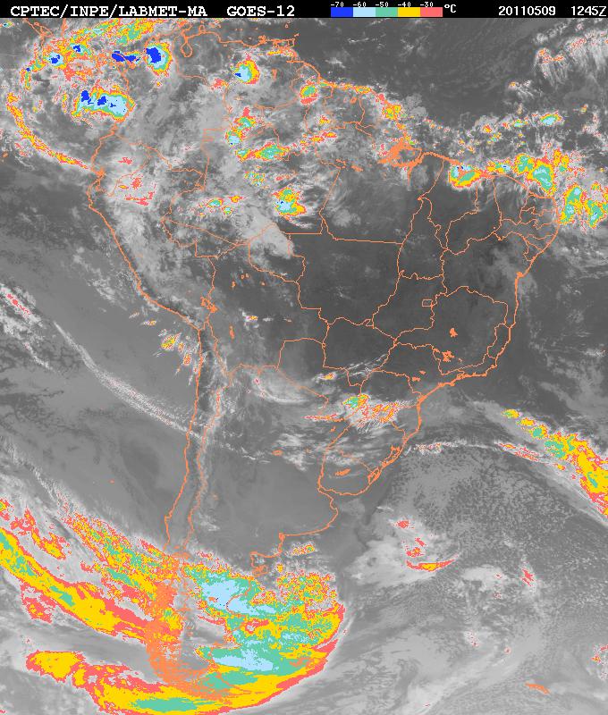 Figura 1 - Imagem realçada do satélite meteorológico GOES 12 para o Nordeste do Brasil no dia 09 de maio de 2011 às 12:45 UTC (09:45 Hora Local. (Fonte: CPTEC).
