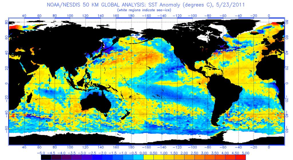 Figura 4 Anomalias de Temperatura da Superfície do Mar em Maio de 2011. (Fonte: NOAA).