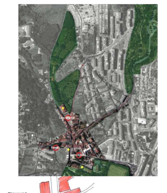 Belas Principais Linhas de Intervenção: Espaço Público: introdução de pavimento diferenciador na EN117, no troço da Praça 5 de Outubro incluindo o cruzamento dos Fofos de