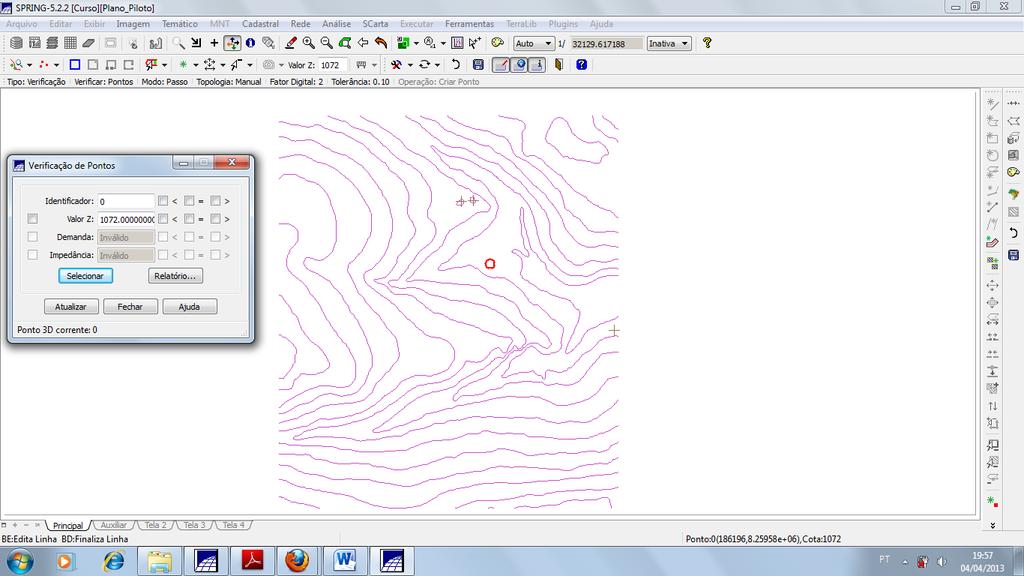 Figura 05: Edição do ponto cotado de 1072m. 4. GERAÇÃO DE GRADE TRIANGULAR COM E SEM LINHA DE QUEBRA.