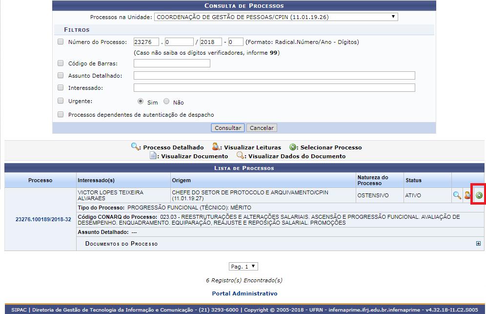 selecione o processo desejado utilizando-se da opção verde, grifada em