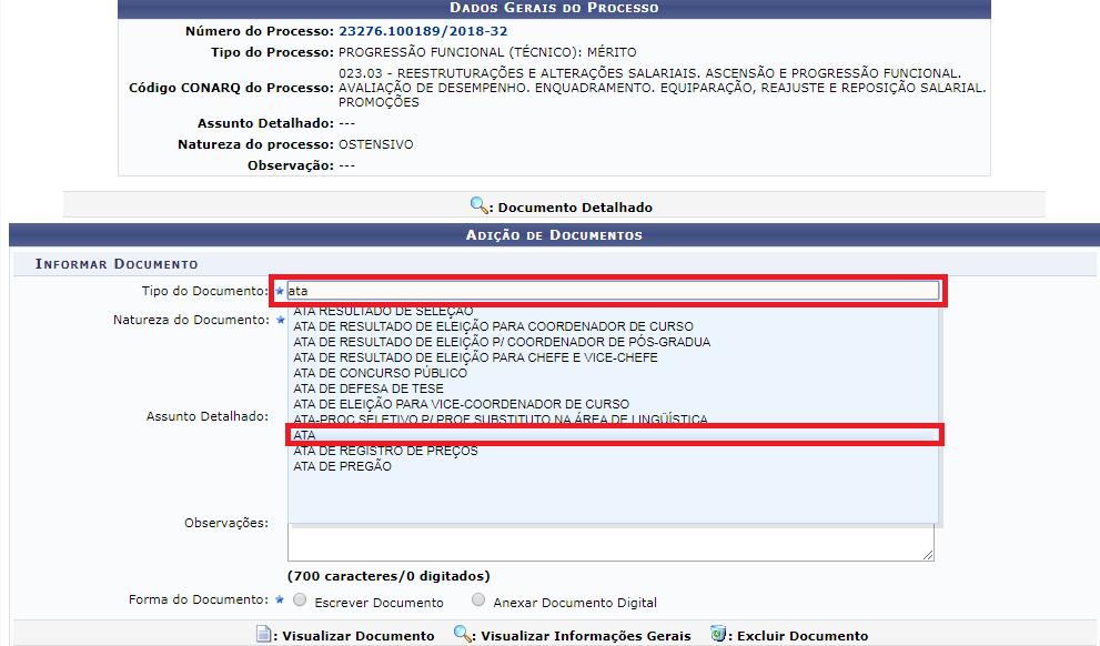 7- Ao selecionarmos o processo, precisaremos identificar o Tipo de Documento.